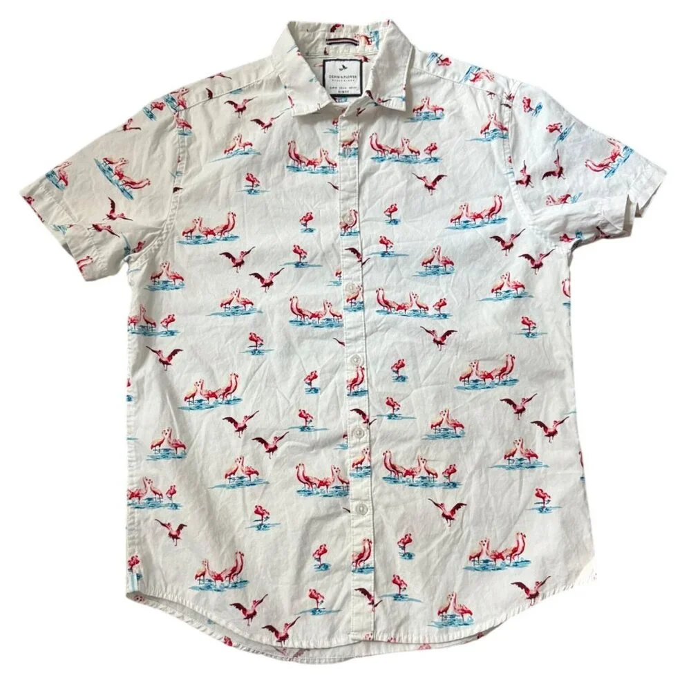 Denim & Flower Ricky Singh Slim Fit Mens Button Down Pink Flamingo Shirt Size Me - Picture 5 of 14